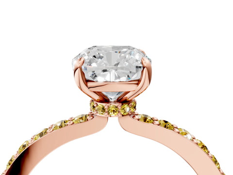 Rose gold Cushion Cut Diamond Pavé Engagement Ring with Round with Yellow Sapphire side stone Accents and Prong Setting_4