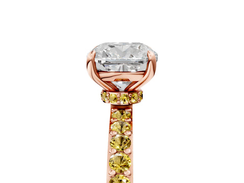 Rose gold Cushion Cut Diamond Pavé Engagement Ring with Round with Yellow Sapphire side stone Accents and Prong Setting_5