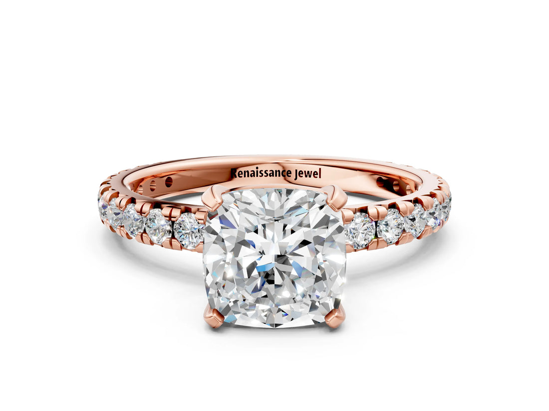 Rose gold Cushion Cut Diamond Pavé Solitaire Ring with Round Band and Prong Setting_12