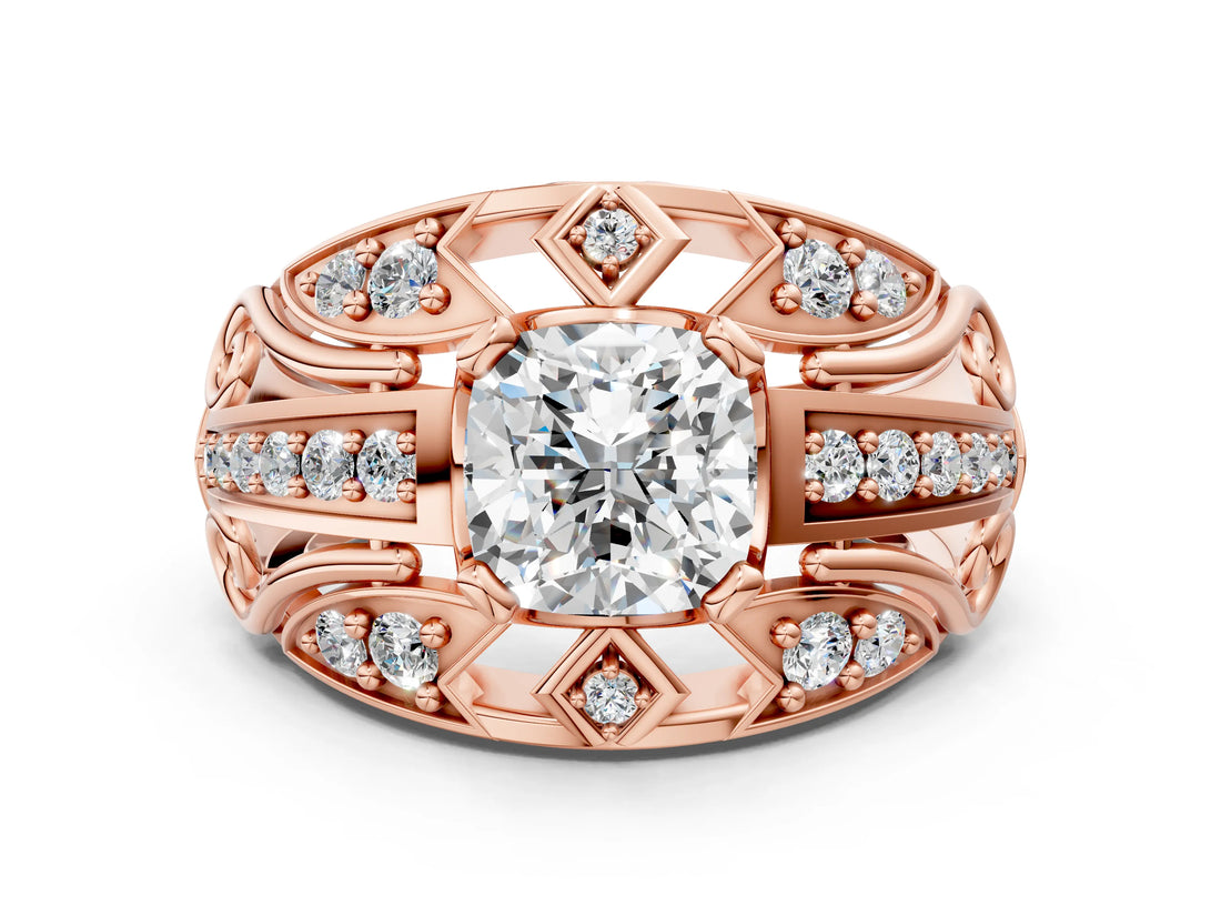 Rose gold Cushion Cut Diamond Pave Art Deco Split Shank Ring with Four-Prong Setting_13