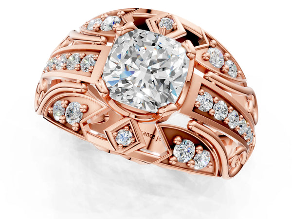 Rose gold Cushion Cut Diamond Pave Art Deco Split Shank Ring with Four-Prong Setting