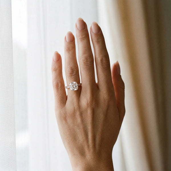 Rose gold Cushion Cut Diamond Pave Band Solitaire Ring with Round  and Prong Setting