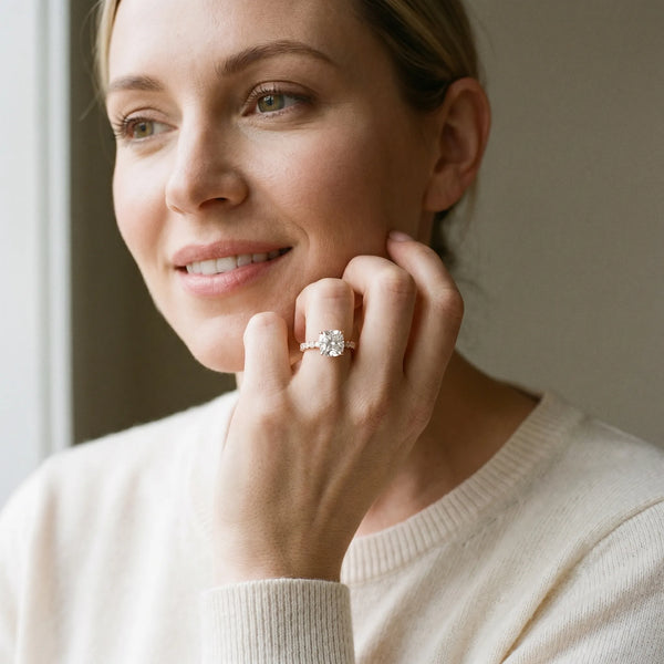 Rose gold Cushion Cut Diamond Pave Band Solitaire Ring with Round  and Prong Setting