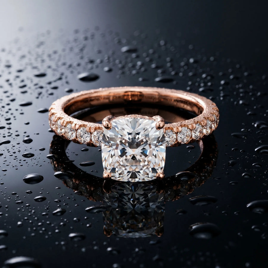 Rose gold Cushion Cut Diamond Pave Band Solitaire Ring with Round  and Prong Setting