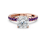 Rose gold Cushion Cut Diamond Pave Band Solitaire Ring with Round with Amethyst side stone and Prong Setting