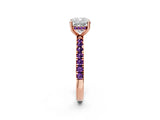 Rose gold Cushion Cut Diamond Pave Band Solitaire Ring with Round with Amethyst side stone and Prong Setting_2