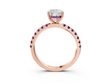 Rose gold Cushion Cut Diamond Pave Band Solitaire Ring with Round with Amethyst side stone and Prong Setting_3