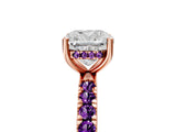 Rose gold Cushion Cut Diamond Pave Band Solitaire Ring with Round with Amethyst side stone and Prong Setting_5