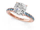 Rose gold Cushion Cut Diamond Pave Band Solitaire Ring with Round with Aquamarine side stone and Prong Setting_13