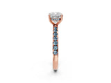 Rose gold Cushion Cut Diamond Pave Band Solitaire Ring with Round with Aquamarine side stone and Prong Setting_14