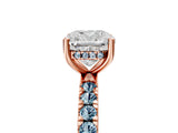 Rose gold Cushion Cut Diamond Pave Band Solitaire Ring with Round with Aquamarine side stone and Prong Setting_17