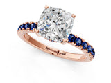 Rose gold Cushion Cut Diamond Pave Band Solitaire Ring with Round with Blue Sapphire side stone and Prong Setting_13