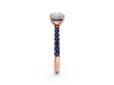 Rose gold Cushion Cut Diamond Pave Band Solitaire Ring with Round with Blue Sapphire side stone and Prong Setting_14