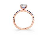Rose gold Cushion Cut Diamond Pave Band Solitaire Ring with Round with Blue Sapphire side stone and Prong Setting_15