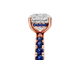 Rose gold Cushion Cut Diamond Pave Band Solitaire Ring with Round with Blue Sapphire side stone and Prong Setting_17