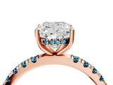 Rose gold Cushion Cut Diamond Pave Band Solitaire Ring with Round with Blue Topaz side stone and Prong Setting_16