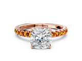 Rose gold Cushion Cut Diamond Pave Band Solitaire Ring with Round with Citrine side stone and Prong Setting