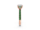 Rose gold Cushion Cut Diamond Pave Band Solitaire Ring with Round with Emerald side stone and Prong Setting_2