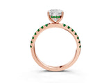 Rose gold Cushion Cut Diamond Pave Band Solitaire Ring with Round with Emerald side stone and Prong Setting_3