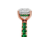 Rose gold Cushion Cut Diamond Pave Band Solitaire Ring with Round with Emerald side stone and Prong Setting_5