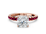 Rose gold Cushion Cut Diamond Pave Band Solitaire Ring with Round with Garnet side stone and Prong Setting_12