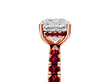 Rose gold Cushion Cut Diamond Pave Band Solitaire Ring with Round with Garnet side stone and Prong Setting_17