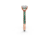 Rose gold Cushion Cut Diamond Pave Band Solitaire Ring with Round with Green Sapphire side stone and Prong Setting_26