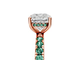 Rose gold Cushion Cut Diamond Pave Band Solitaire Ring with Round with Green Sapphire side stone and Prong Setting_29