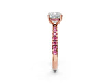 Rose gold Cushion Cut Diamond Pave Band Solitaire Ring with Round with Pink Sapphire side stone and Prong Setting_14
