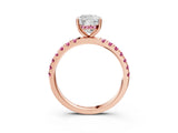 Rose gold Cushion Cut Diamond Pave Band Solitaire Ring with Round with Pink Sapphire side stone and Prong Setting_15