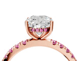 Rose gold Cushion Cut Diamond Pave Band Solitaire Ring with Round with Pink Sapphire side stone and Prong Setting_16