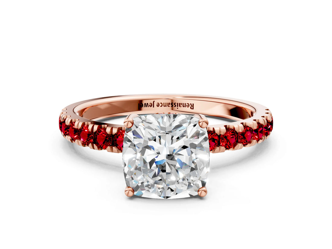 Rose gold Cushion Cut Diamond Pave Band Solitaire Ring with Round with Ruby side stone and Prong Setting_12