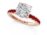 Rose gold Cushion Cut Diamond Pave Band Solitaire Ring with Round with Ruby side stone and Prong Setting_13