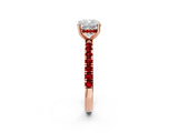 Rose gold Cushion Cut Diamond Pave Band Solitaire Ring with Round with Ruby side stone and Prong Setting_14