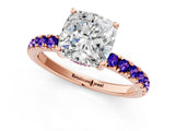 Rose gold Cushion Cut Diamond Pave Band Solitaire Ring with Round with Tanzanite side stone and Prong Setting_1