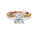 Rose gold Cushion Cut Diamond Pave Band Solitaire Ring with Round with Yellow Sapphire side stone and Prong Setting_12