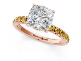 Rose gold Cushion Cut Diamond Pave Band Solitaire Ring with Round with Yellow Sapphire side stone and Prong Setting_13