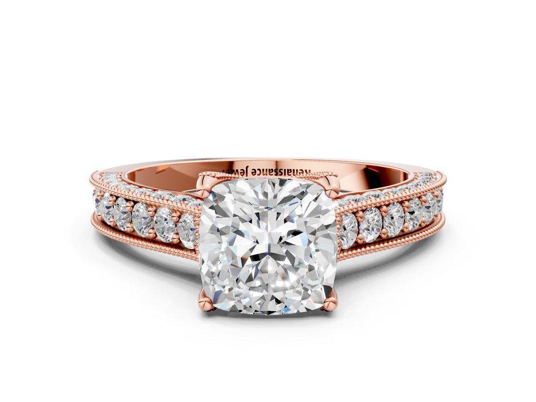 Rose gold Cushion Cut Diamond Pave Band with Four-Prong Setting_55