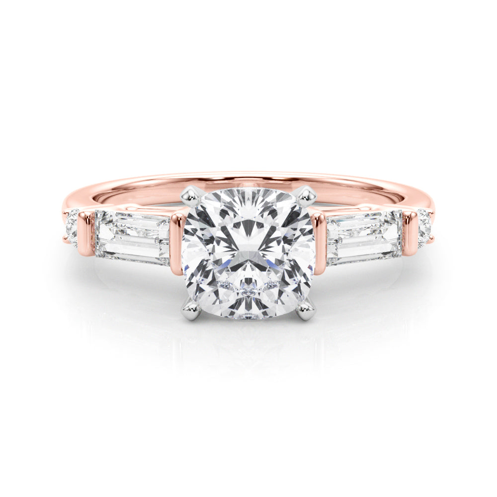 Rose gold Cushion Cut Diamond Ring with Baguette Side Stones, Channel Set Band, and Four-Prong Setting 1