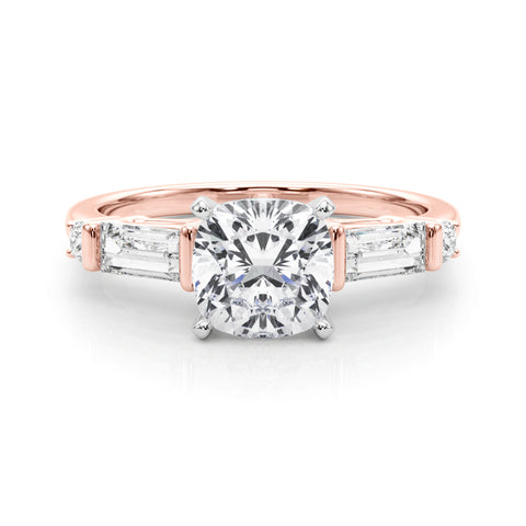 Rose gold Cushion Cut Diamond Ring with Baguette Side Stones, Channel Set Band, and Four-Prong Setting 1
