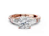 Rose gold Cushion Cut Diamond Ring with Baguette Side Stones, Channel Set Band, and Four-Prong Setting_25