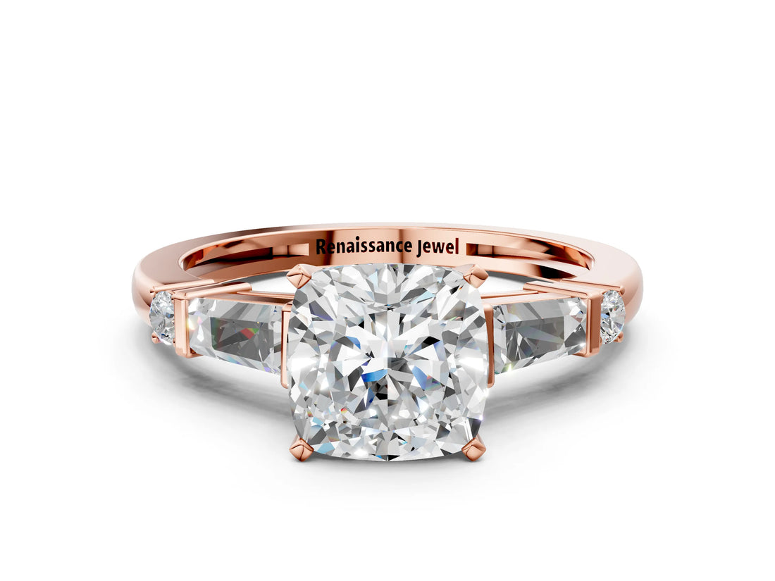 Rose gold Cushion Cut Diamond Ring with Baguette Side Stones, Channel Set Band, and Four-Prong Setting_25