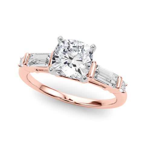 Rose gold Cushion Cut Diamond Ring with Baguette Side Stones, Channel Set Band, and Four-Prong Setting