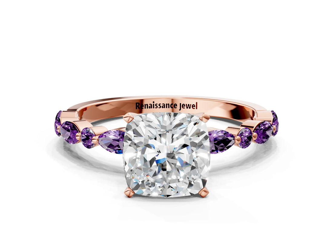 Rose gold Cushion Cut Diamond Ring with Marquise and Round with Amethyst side stone Side Stones and Four-Prong Setting_24