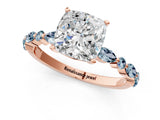 Rose gold Cushion Cut Diamond Ring with Marquise and Round with Aquamarine side stone Side Stones and Four-Prong Setting_13