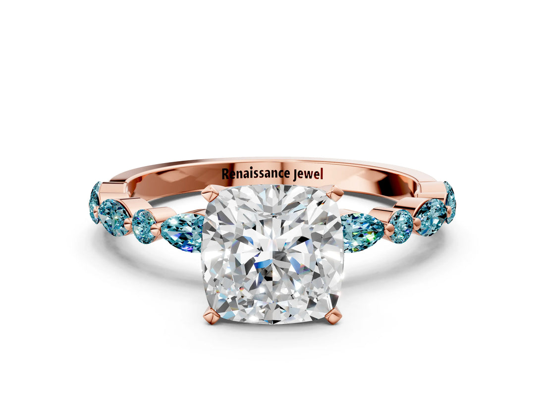 Rose gold Cushion Cut Diamond Ring with Marquise and Round with Blue Topaz side stone Side Stones and Four-Prong Setting_24
