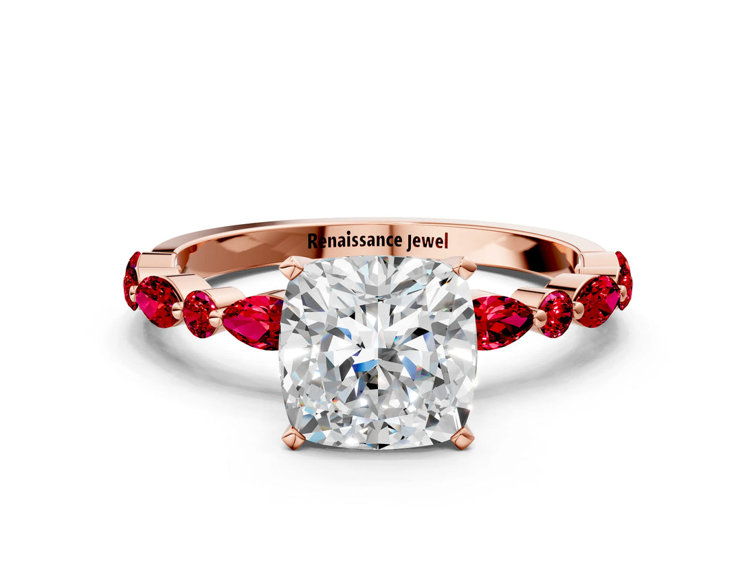 Rose gold Cushion Cut Diamond Ring with Marquise and Round with Ruby side stone Side Stones and Four-Prong Setting_36