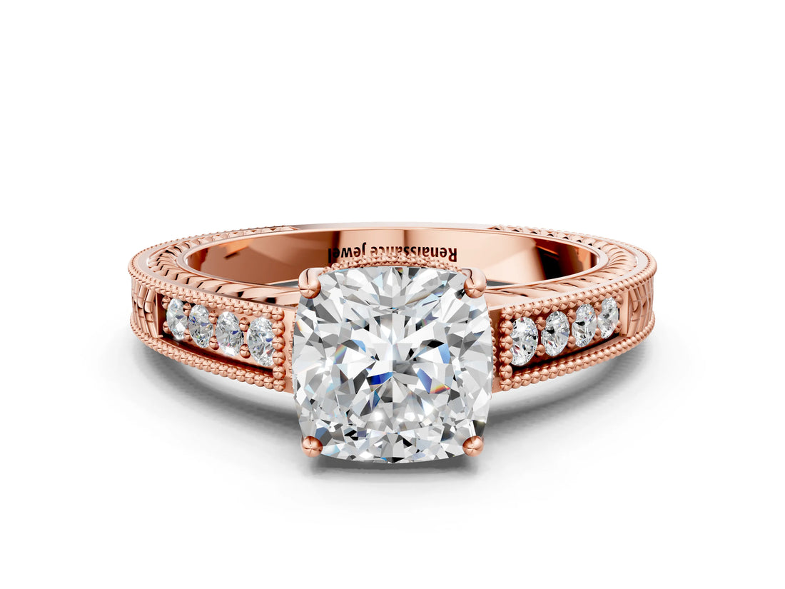 Rose gold Cushion Cut Diamond Ring with Milgrain Pavé Band and Four-Prong Setting_25