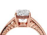 Rose gold Cushion Cut Diamond Ring with Milgrain Pavé Band and Four-Prong Setting_29