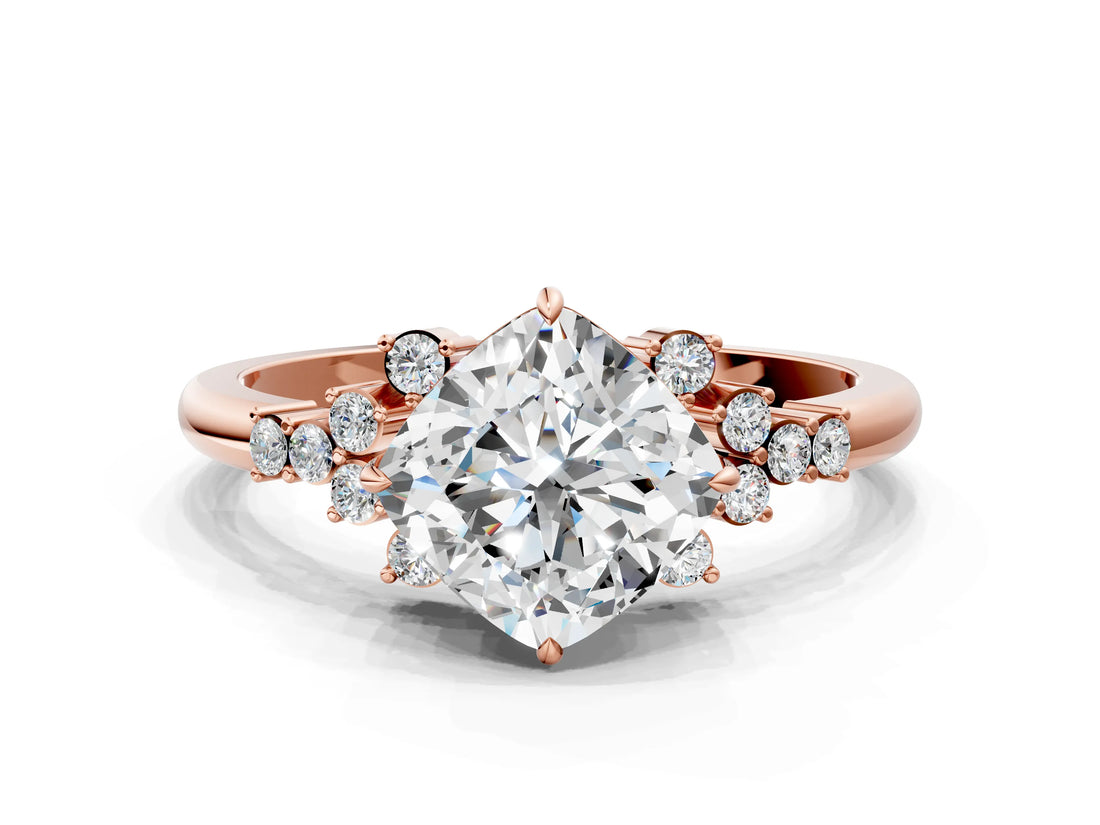 Rose gold Cushion Cut Diamond Ring with Side Stones and Four-Prong Setting_133